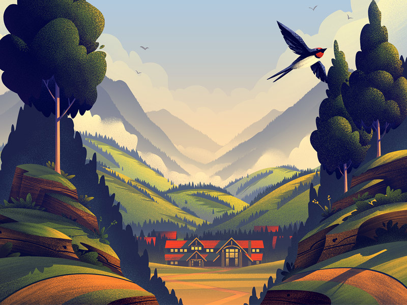 Mountain Village Landscape Illustration